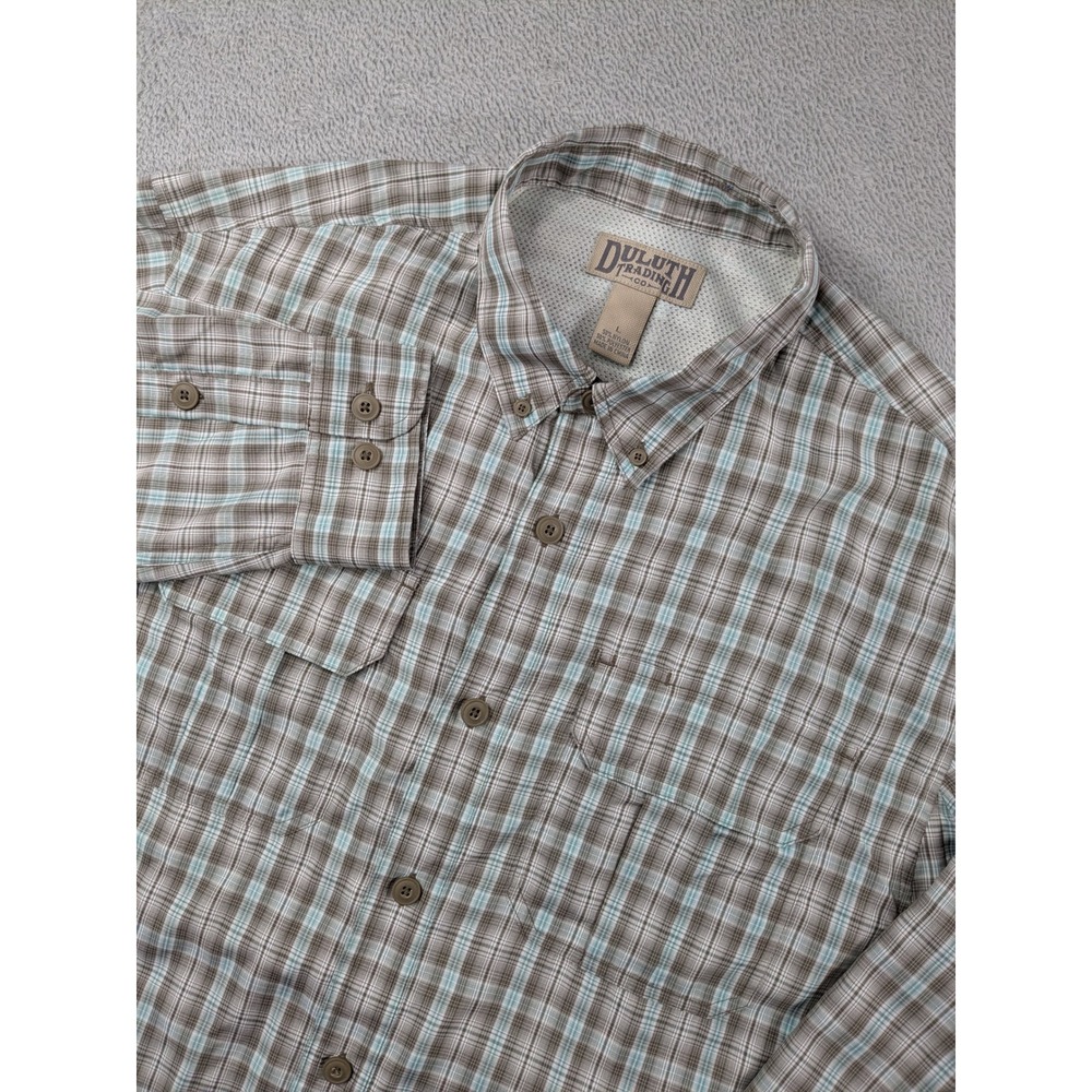 Duluth Trading Co Mens Large Plaid Button Down Fishing Shirt Brown Green L
